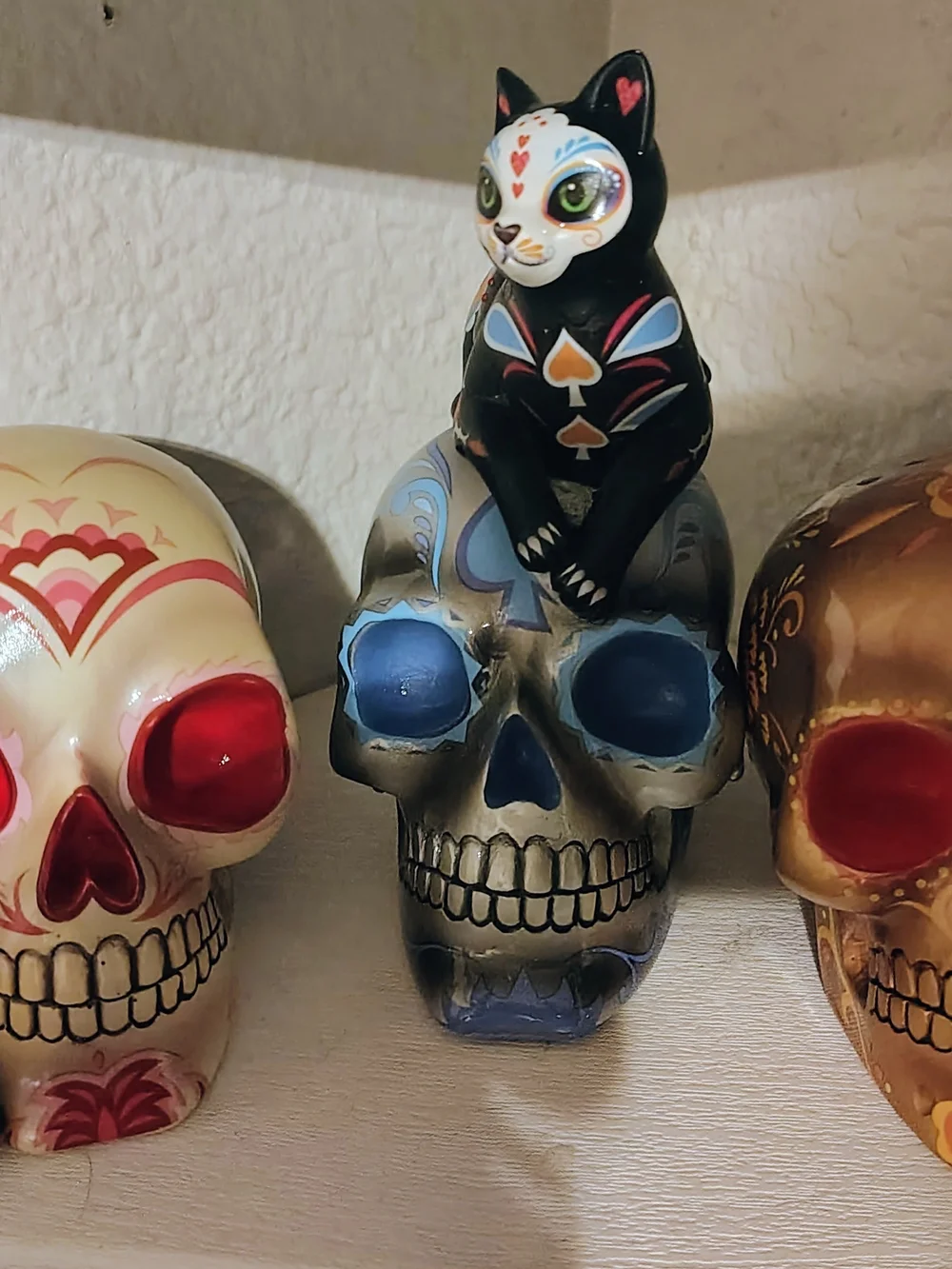 3 Hand-Painted Black Cat on Gray Decorative Skull Figurine